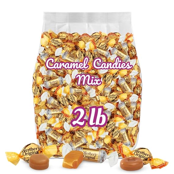 Werther's Original Hard, Creamy Filled & Chewy Caramel Candies, 2 LB Mix Individually Wrapped Classic, Soft & Creamy Caramels Made with Real Butter & Fresh Cream Bulk Bag for Sharing