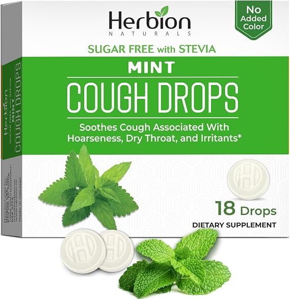 HERBION Naturals Cough Drops, Sugar Free with Stevia, Dietary Supplement, Soothes Cough, for Adults & Children Over 6 Years, 18 Count, Mint, Pack of 1