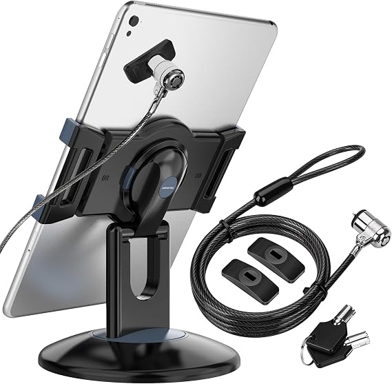 AboveTEK 360 Rotating Retail Kiosk iPad Stand, 6-13.5" iPad mini Pro Tablet Holder, Laptop Lock, Tablet Lock Security Cable, 2 Keys Durable Steel iPad Locking Kit w/Adhesive Anchors