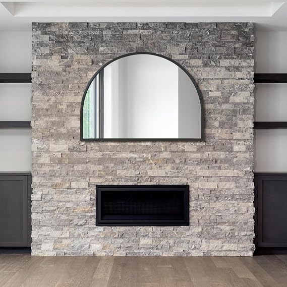 MirrorOutlet Arched Modern Black Large Arched Metal Modern Wall Mirror: 125 x 90cm - Suitable for Bedroom, Living Room, Dressing Room, and Living spaces.