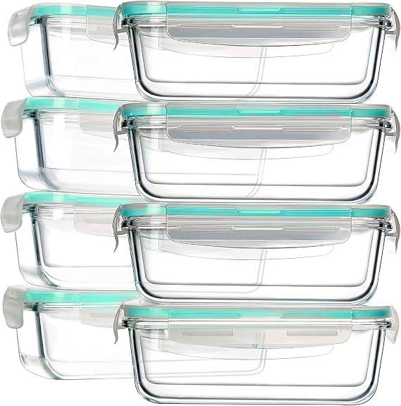 Bayco 8 Pack 30oz Glass Food Storage Containers, Glass Meal Prep Containers, Airtight Glass Storage Containers with Lids - BPA-Free & Leak Proof (8 lids & 8 Containers), Blue