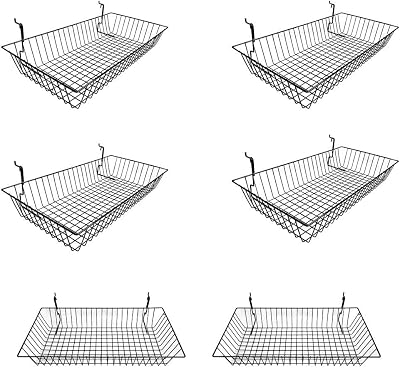 MH GLOBAL Set of 6 Pieces Gloss Black Metal Wire Slatwall Gridwall Pegboard Shallow Basket Display Rack