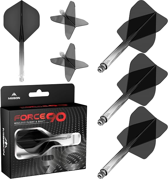 Mission Darts Force 90 | Integrated Precision Moulded Dart Flight and Shaft System, Pack of 3 Professional Highly Durable Combined Dart Flights and Stems | Standard No.2 (Black Gradient, Short).