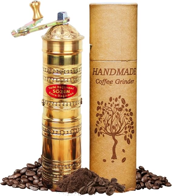 Sozen Hammered 7" Manual Coffee Grinder Brass Hand Crank Burr Mill for Turkish Coffee, French Press, Espresso, Camping & Home Use Portable Coffee Bean Grinder, Adjustable Conical Grinder