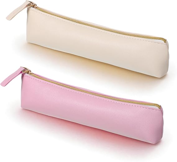 2Pcs Mini Cosmetic Pouch for Purse, PU Leather Small Makeup Brush Bag with Zipper Portable Soft Cosmetic Organizer Pouch Waterproof Slim Small Lipstick Bags for Women Travel Storage (Beige, Pink)