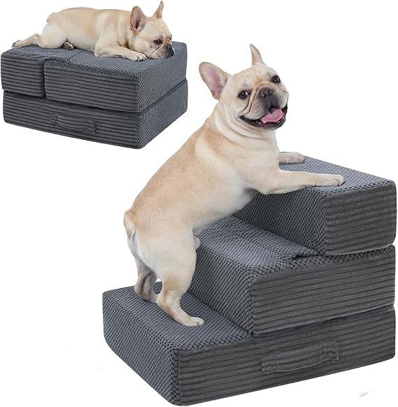 Dog Stairs for Small Dogs, 13.5" H Foldable Dog Steps for High Bed | 2 in 1 Pet Stairs Get on Couch, Transformable Cats Stairs, Non-Slip Balanced, Grey