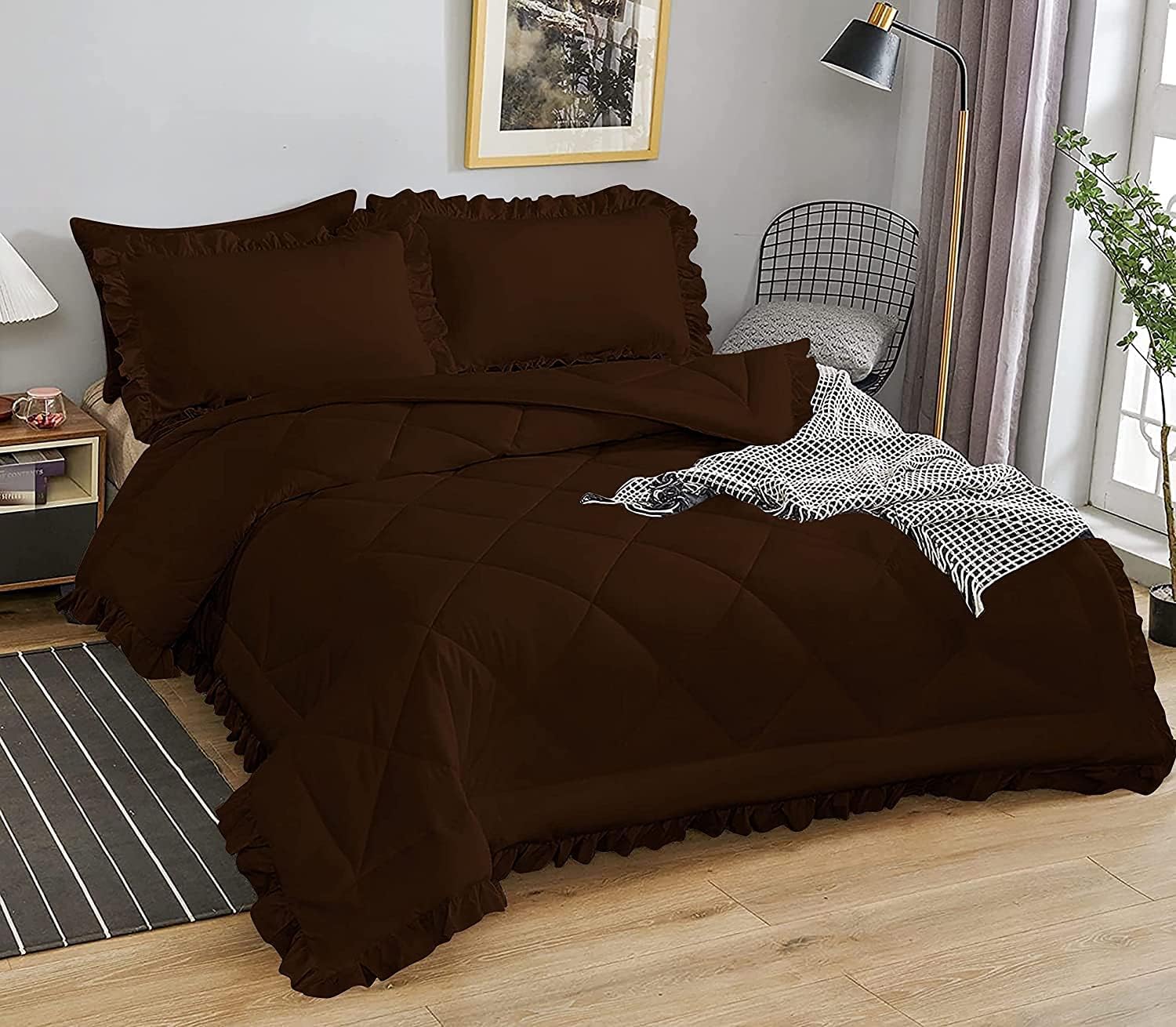 3 Piece Ruffle Box Stitch Comforter Set 100% Natural Cotton QueenFull88x88 Size Chocolate, Durable Plush & Fluffy Quilted Bedding Set 500 GSM Fill Power 1 Comforter  2 Pillow Shams