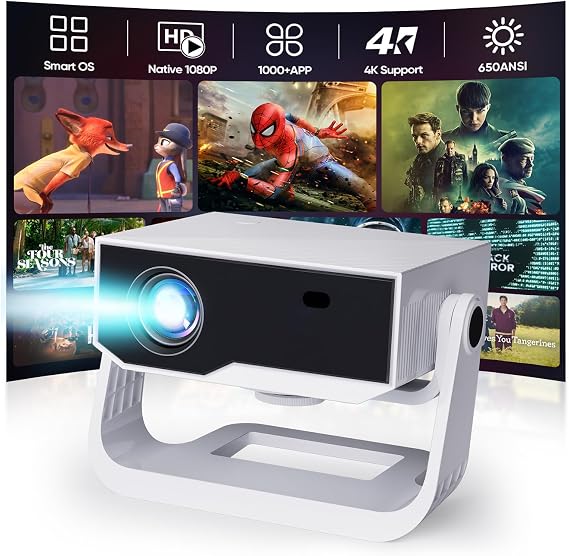 Projector With Wifi And Bluetooth, Built in Apps 4K Support Smart OS Portable Bedroom Projector Native 1080P with 120 Rotation, 20000Lu Auto Keystone & E Focus Movie Mini Proyector for Outdoor Indoor