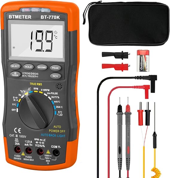 BTMETER Automotive Multimeter, BT-770K Auto Ranging Engine Analyser for Dwell Angle Pulse Width Tach Temperature Duty Cycle Voltage Current Resistance Test