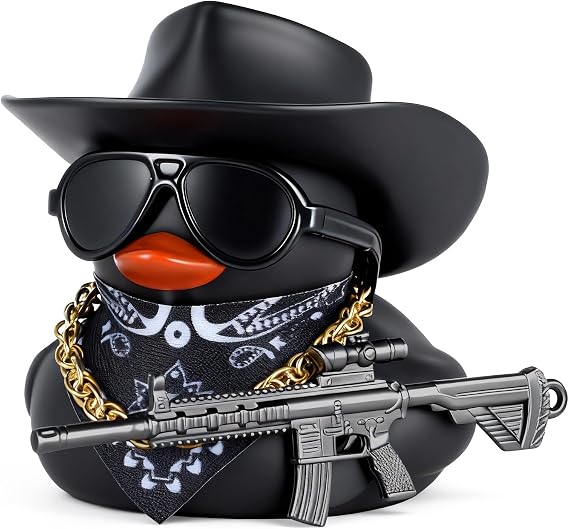 Black Cowboy Cool Rubber Duck Car Dashboard Decoration with Hat, Sunglasses, Bandana, Necklace, Gun Model& Adhesive Tapes - for Car Accessories