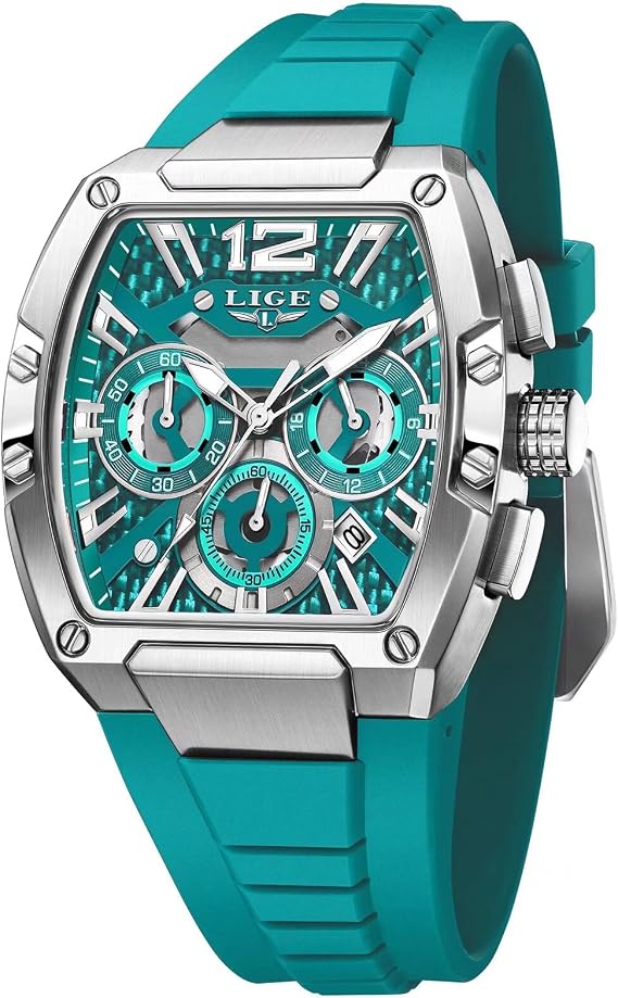 LIGE Men's Watch Skeleton Tonneau Square Chronograph Stainless Steel Quartz