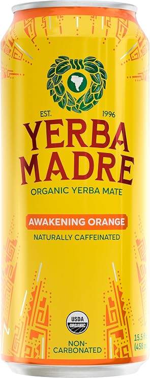 Guayaki Yerba Mate, Organic Energy Drink Alternative, Awakening Orange, 150mg Natural Plant Based Caffeine, Better for You Energy, No Jitters or Crash, 15.5 Oz (Packaging May Vary)