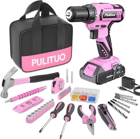 PULITUO 20V Pink Cordless Lithium-ion Drill Driver and Home Tool Set,With LED Electric Drill Set.2 Variable Speed 21+1 Torque Setting Power Tools Kit for Women.