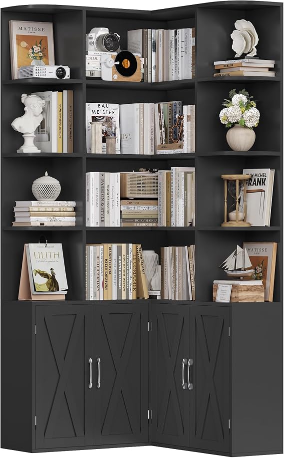 FirFurd Corner Bookcase L Shaped Bookshelf with Doors Display Cabinet Black