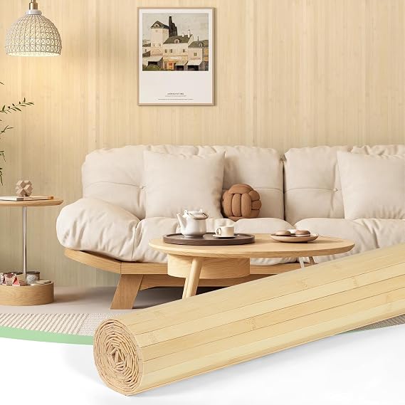 Kokorona Natural Bamboo Wall Panel for Interior Wall Decor, Pole Wrap Roll Natural Wainscoting Paneling for Living Room, Ceiling Tiles, Office, Kitchen, 48" W x 96" H, Raw