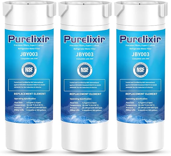 3 Pack XWF (Not XWFE, NO Chips) Compatible with GE XWF, GBE21, GDE21, GDE25, GFE24, Refrigerator Water Filter Replacement, NSF Certified, 6 Month / 300 Gallon