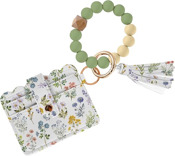 Small Flower Wallet Keychain Wristlet, Horizontal Silicone Bead Bracelet Wallet with Wrist Strap and Card Case ID Window, PU Leather Blocking Card for Women, Girls and Friends