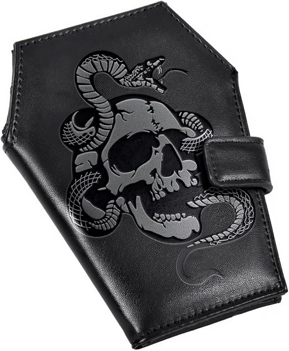 Gothic Wallet Leather with Embossed Skull Snake, Coffin Wallets for Women, Punk Horror Bifold Wallets, Goth Gifts for Halloween Accessories