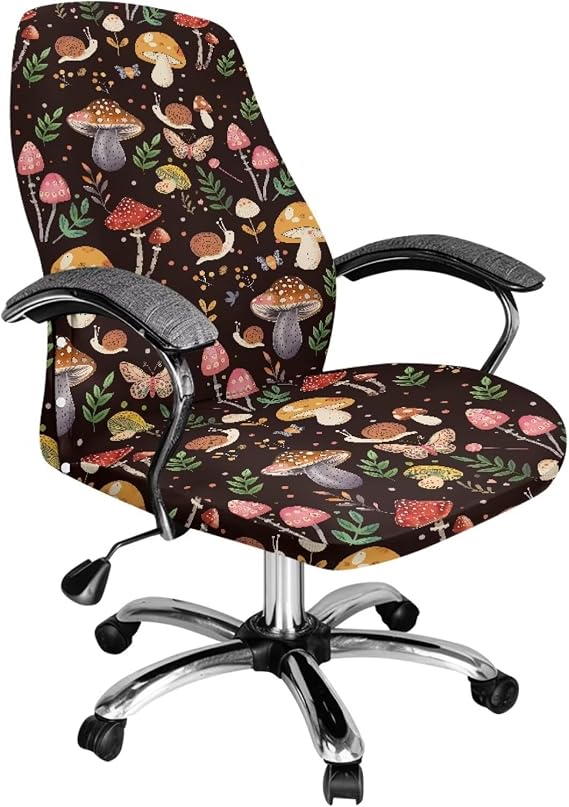 Mushroom Butterfly Snail Leaves Print Office Chair Cover, Removable Office Chair Seat Covers Breathable Rotating Chair Slipcovers Water Resistant High Back Computer Chair Cover-S