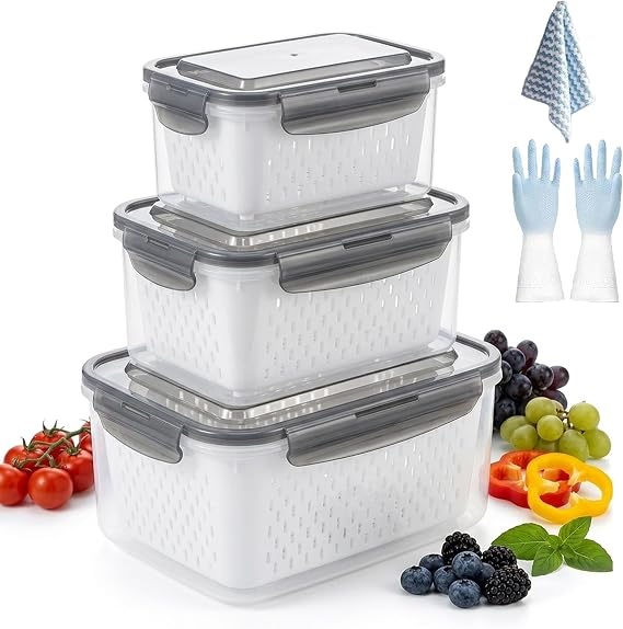 Fruit Storage Containers for Fridge with Removable Colanders, Softshell Snap-Close Silicone Food Storage Container, 4 in 1 Food Storage Container, Refrigerator Fruit Storage Containers (Gray, 2Pcs-S)