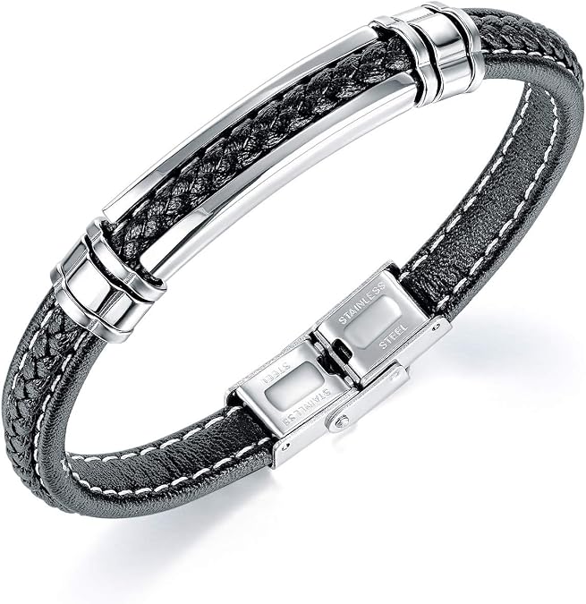 Mens Black Leather Bracelet Silver Stainless Steel Adjustable Buckle Bracelets Pulseras para Hombre