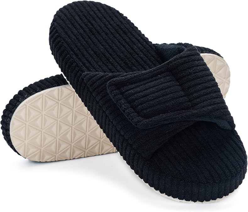 ZOKSOVE Women's Adjustable Corduroy Slippers - Memory Foam Open-Toe House Shoes - Supportive Non-Slip Footwear for Bedroom, Travel
