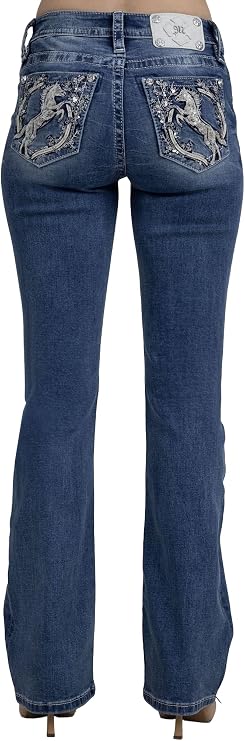 Miss Me Women's Galloping Horse and Horseshoe Embellished Mid-Rise Bootcut Jeans