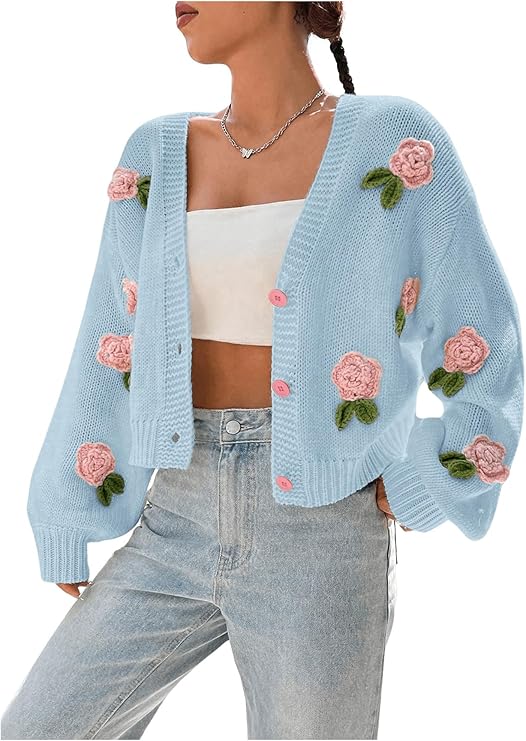 GORGLITTER Women's Floral Button Up Cropped Crochet Cardigan Boho Knit Sweater Long Sleeve Open Front Cozy Cute Tops Knitwear