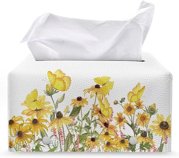 Tissue Box Cover Holder, Rectangular with Bottom Belt - PU Leather Decorative Organizer for Tabletop, Bathroom, Car, Office |Butterflies and Sunflowers