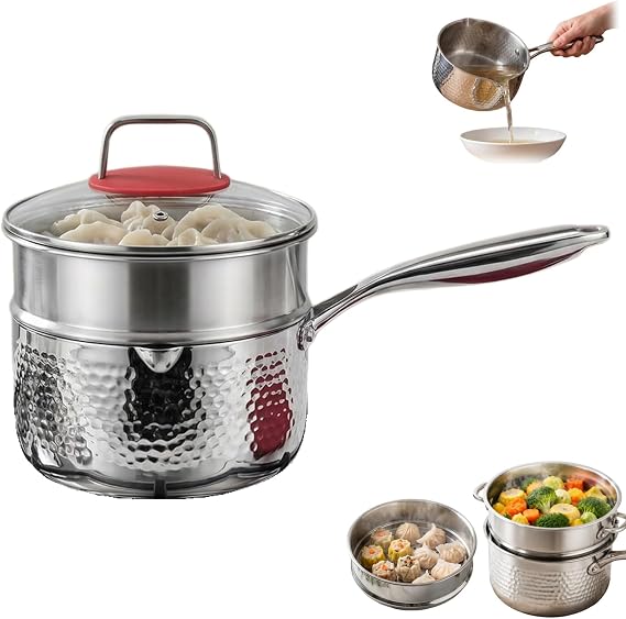 Titanium Saucepan with Lid Non Stick Hammered Saucepan, Dual Pour Spouts, Fast Even Heating, Compatible with All Cooktops (9.45in)