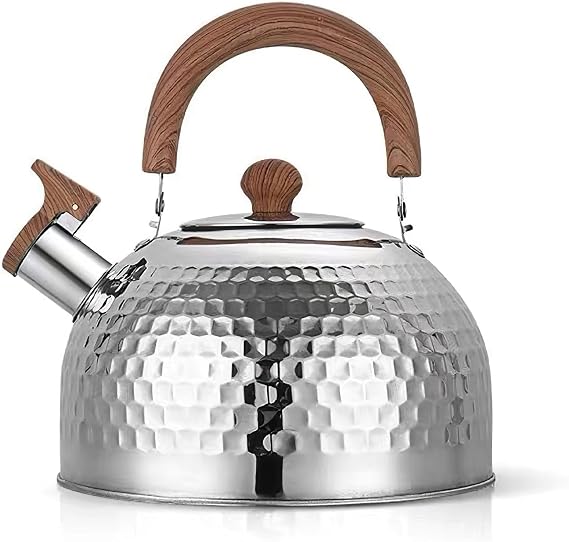 Tea Kettle, Food Grade Stainless Steel with Wood Pattern Folding Handle, Whistling Kettle for Induction, Gas, and Electric Stovetops (2 liters)