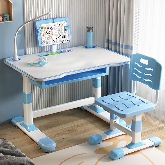Kids Desk and Chair Set,Height Adjustable Child's School Study Writing Tables,Kids Desk with Storage DrawerTiltable Deskto Stand LED Table Light,Widened Desktop Student Writing Desk Blue