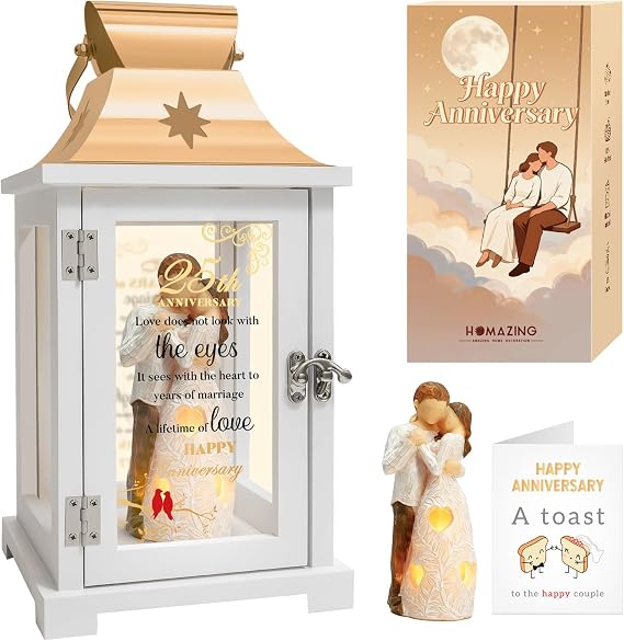 25th Anniversary Wedding Gifts for Couple, Wife, Parents - 25th Wedding Anniversary Husband and Wife Figurine Lantern, Best Silver 25 Years of Marriage for Wife, Women