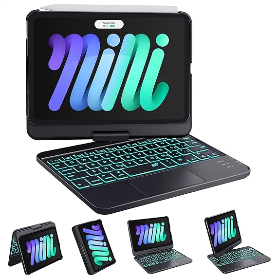 GreenLaw Keyboard Case for iPad mini 7 A17 Pro(2024) & Mini 6 (2021) 8.3", 360 Rotate Case for iPad mini 7th/6th Generation, Touchpad Keyboard with 7 Color Backlit, Type-C Rechargeable, Black