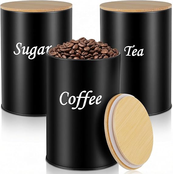 Tea Coffee Sugar Canisters Set of 3, Stackable Airtight Tin Storage Jars