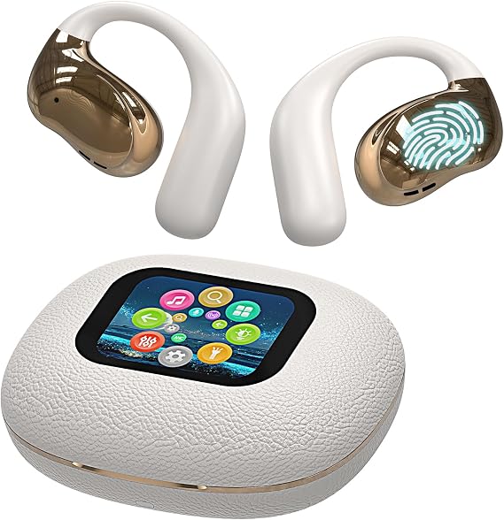 Open Ear Earbuds Ultra Comfort Wireless Bluetooth 5.4 Headphones Over The Ear Earbuds with Intelligent Touch Screen EarHooks IPX7 Waterproof Bone Conduction Earphones for Fitness Sports-OFF WHITE