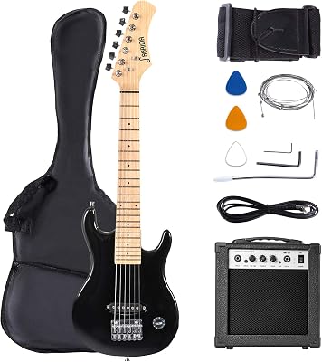 LAGRIMA 30 Inch Kid Electric Guitar Starter Kit with 5W Amp, Case and Accessories Pack Beginner Starter Package 30, Black