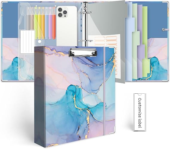 2 Inch 3 Ring Binder Organizer with Clipboard, 5-Tabs Pockets Dividers, Plastic Folder, 18 Divider Stikers, KLLVE Three Ring Binder with Pen Loop Blue Marble, Letter Size