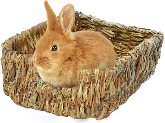 SunGrow Portable Grass Bed for Rabbits, Handmade and Washable Basket, Chew Toy, Easy to Dry, Sleeping, Chewing, Nesting Pad, Small Animal Bunny Bedding