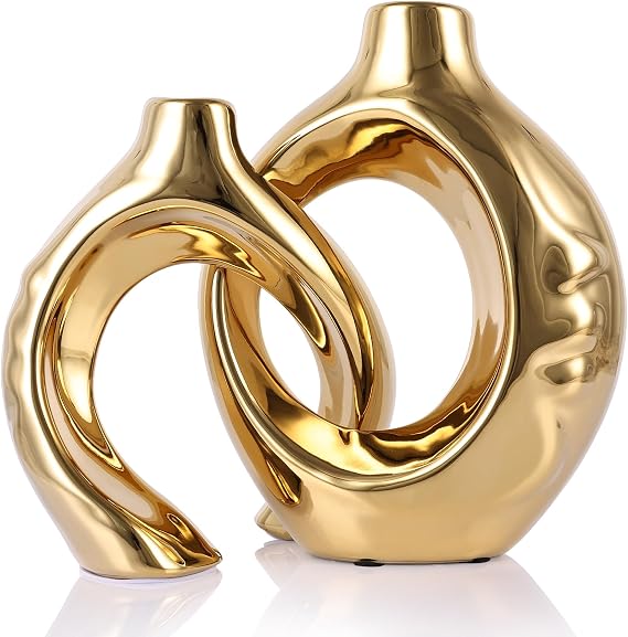 Gold Ceramic Vase Set of 2, Modern Donut Vases for Living Room Decor
