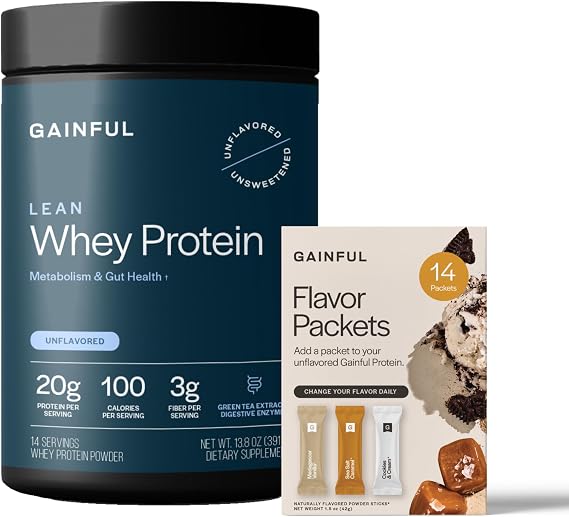 Gainful Lean Whey Protein Powder & Sweet Treat Flavor Bundle, 20g Protein, Supports Lean Muscle, Metabolism, and Satiety, with Green Tea Extract, Digestive Enzymes,14 Servings + 14 Flavor Sticks