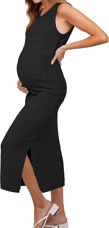 OUGES Women's Sleeveless Striped Bodycon Sweater Maternity Midi Dress