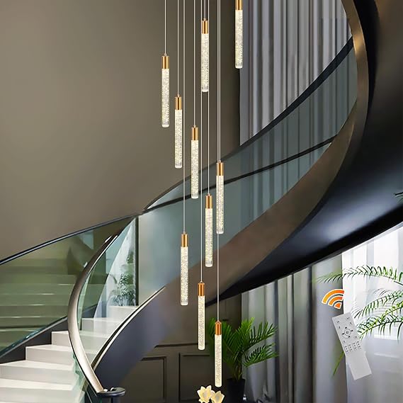 Qcyuui LED Staircase Chandelier, 10-Light Gold Crystal Pendant Light [Energy Class E]