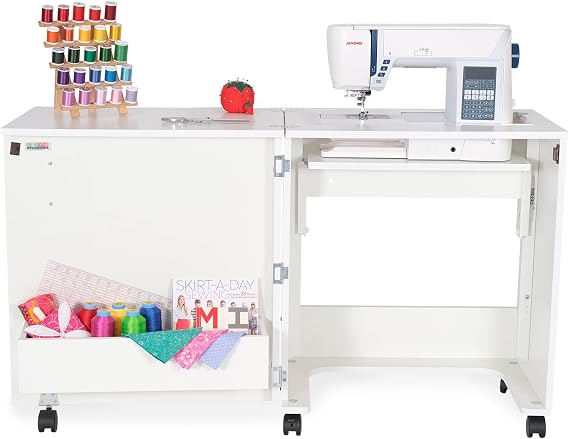 Arrow Sewing Classic Furniture Judy Sewing Cabinet: Portable, Folding, Compact, Locking Wheels, with Storage Bin and Hydraulic Machine Lift-White