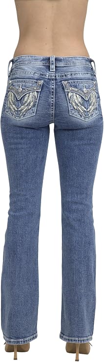 Miss Me Women's Denim Angel Wings Embellished Faux Flap Pockets Mid-Rise Bootcut Jeans