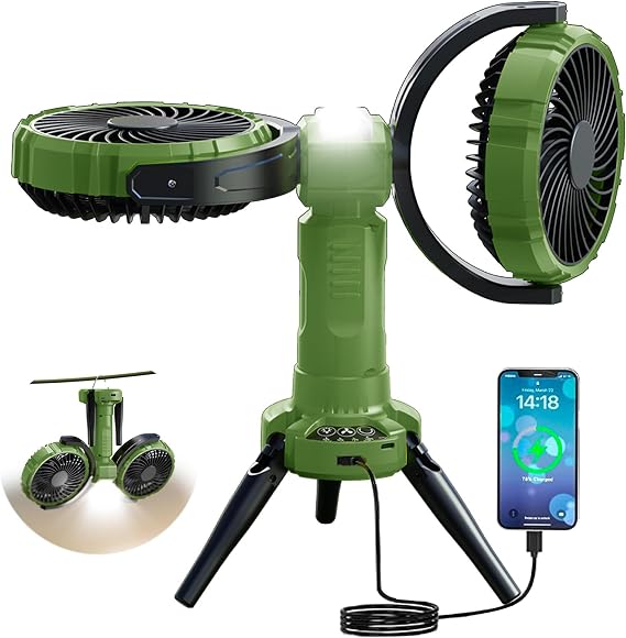 Camping Fan with Light,10000 mAh Rechargeable Battery Powered Tent Ceiling Cooler Fans,270 Oscillating 360Rotating Portable Camping Essentials Gear for Outdoor Canopy,Travel(Deep Green)