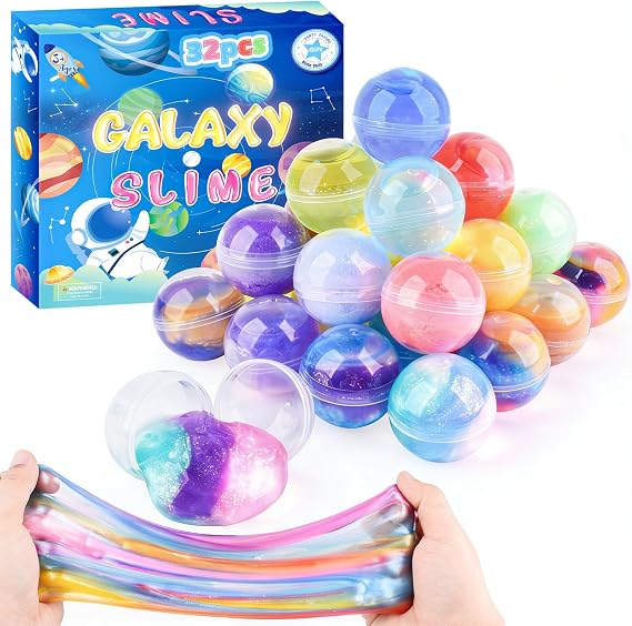 Slime Party Favors, 32 Pack Galaxy Slime Balls - Stretchy, Non-Sticky Stress Relief, Color Slime Toys for Girls and Boys, Easter Basket Stuffers, Classroom Rewards, Birthday Party Favors