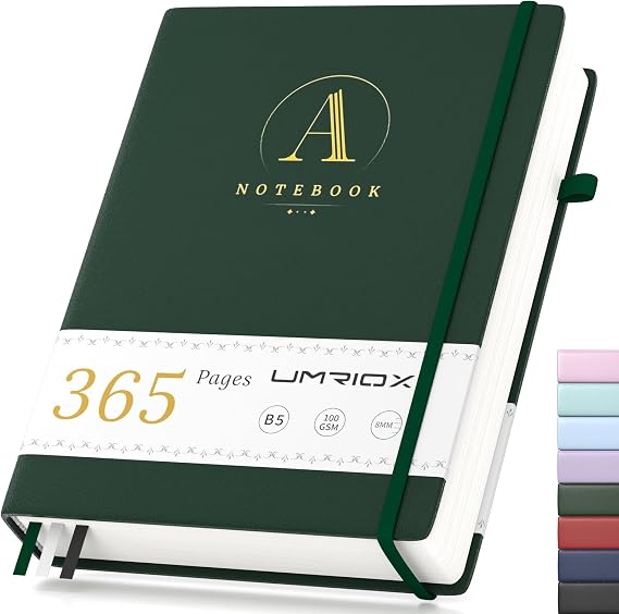Umriox B5 Notebook Lined, Hardback Leather Journal Notebook with 365 Pages 100gsm No Bleed Paper, Thick College Ruled Notepad for Office School Women Men 17.8 x 25.5cm-Green