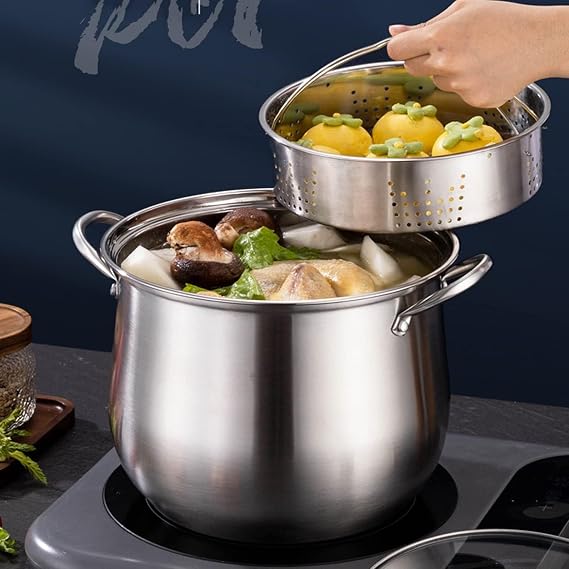 Stainless Steel Stockpot, Stock Pot with Steamer Basket, Nonstick Stock Pot Cooking Pots with Lid and Heat-Proof Double Handles for Soups, Stews and Pasta(22cm/5.5L)