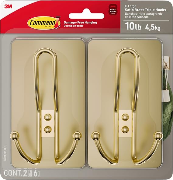 Command X-Large Brass Triple Hooks, 2 Hooks, 6 Strips